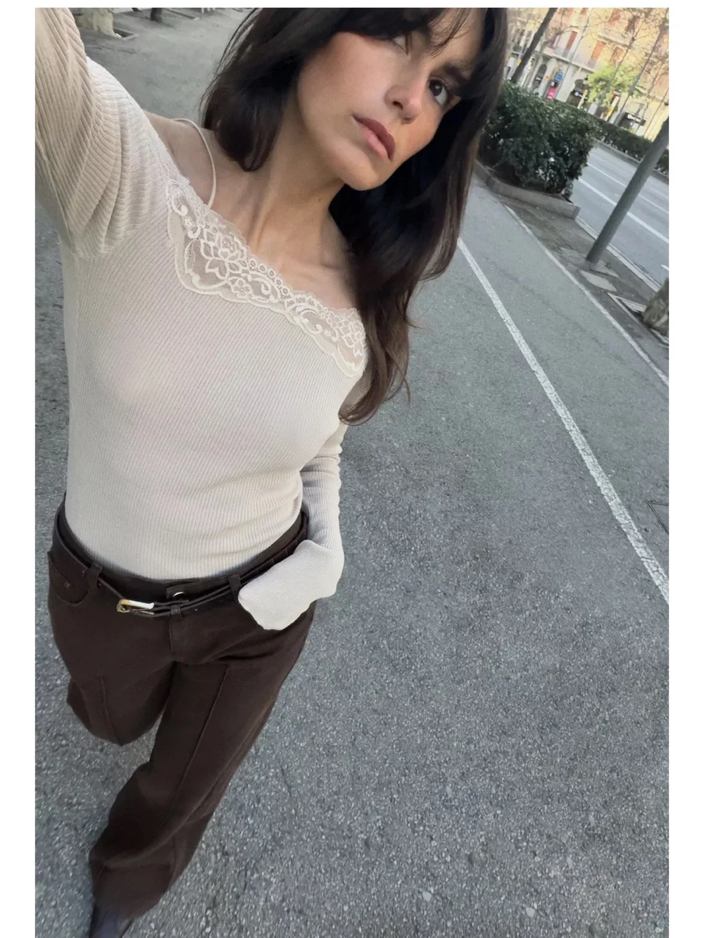 Zara NWT Off-Shoulder Lace Trim Ribbed long sleeve stretchy rib top- Cream beige